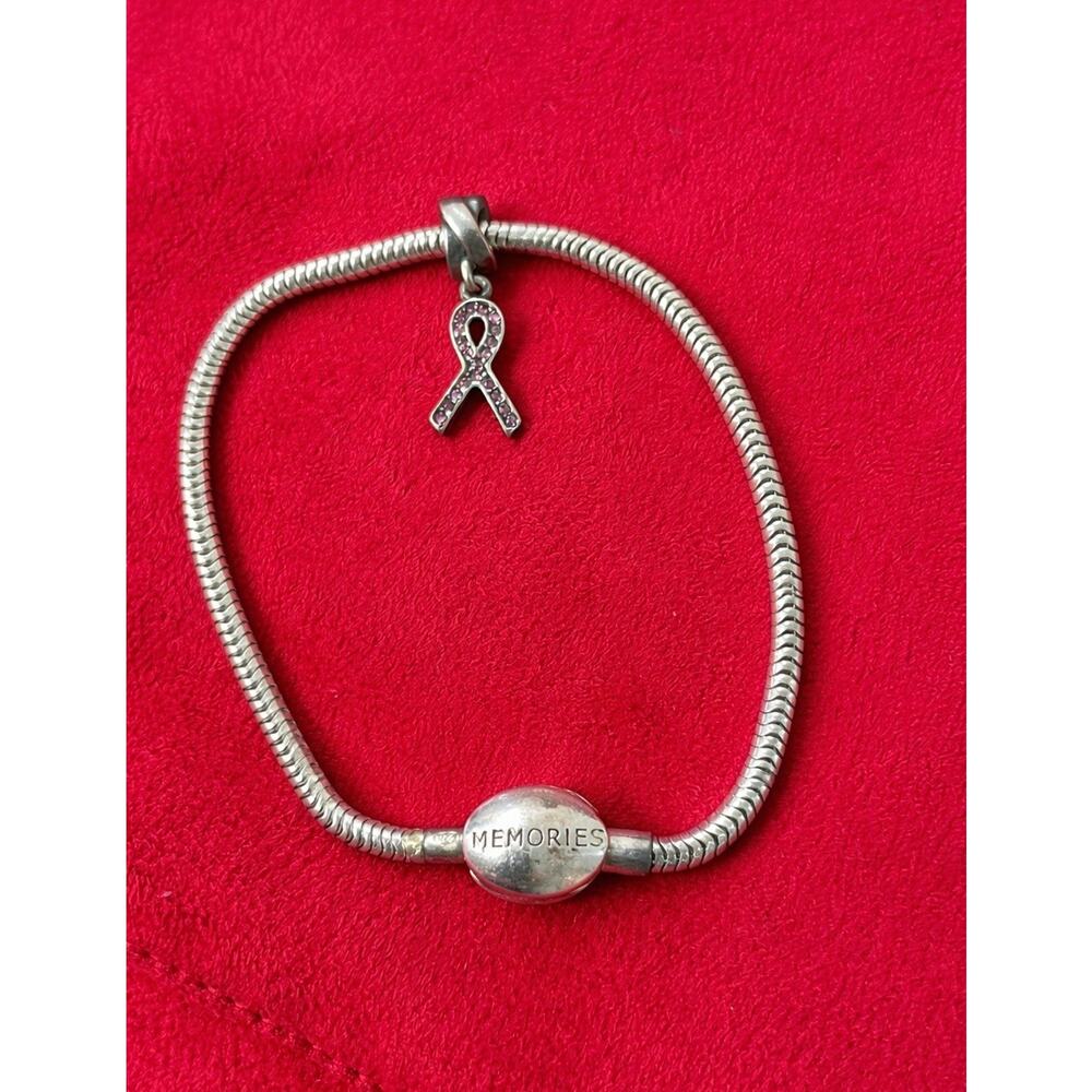 Charmed Memories Kay Jewelers Sterling Silver Snake Bracelet 7.5" Breast Cancer